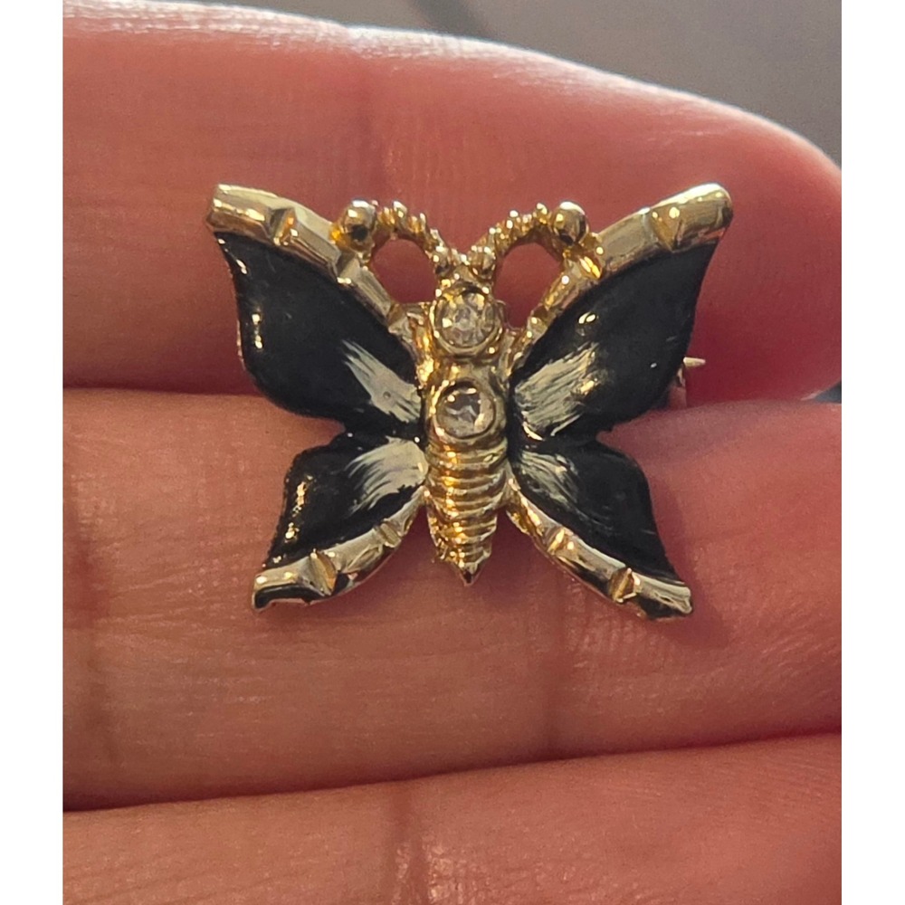 Vintage Gold Tone‎ Black Enamel Butterfly Brooch Pin with Rhinestones Small